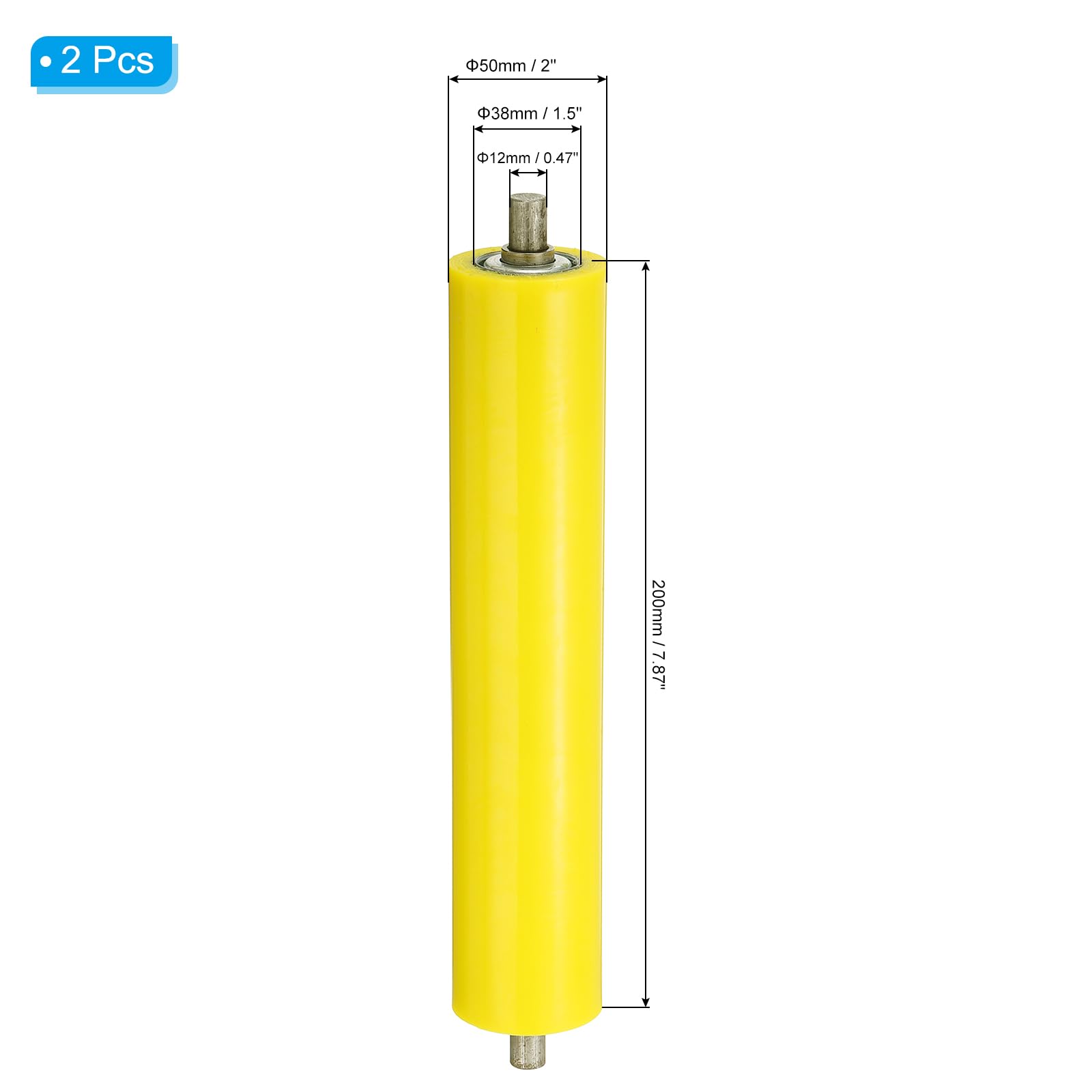 PATIKIL Polyuréthane Revêtement Convoyeur Rouleau 2" Diamètre 10" Longueur, 2 Paquet Inox Acier Transmission Remplacement Pièce Galvanisé Fin, Jaune
