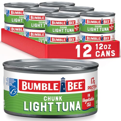 Image of Bumble Bee Chunk Light Tuna In Oil, 12 oz Can (Pack of 12) - Wild Caught Skipjack Tuna - 17g Protein Per Serving - MSC Certified Sustainable Seafood, Non-GMO, Gluten Free, Kosher