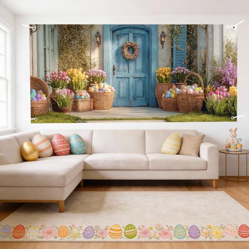 Image of Spring Blue Door Garage Cover 157x70 inch Easter Eggs Basket Tulip Floral Wreath Outdoor Mural Banner Farmhouse Waterproof Home Decor