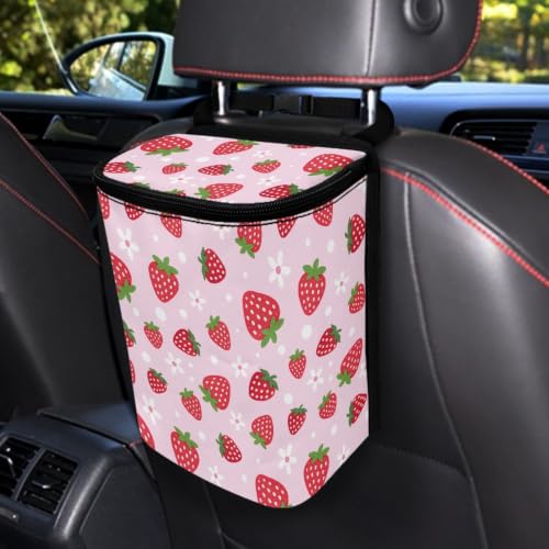 Image of Pink Strawberry Car Trash Can with Lid - Collapsible Waterproof Garage Bag, Reusable Hanging Cute Automotive Garbage Bin, Adjustable Strap, Interior Organizer