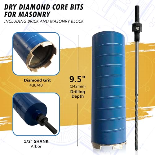 4\" Dry Diamond Core Drill Bits for Brick and Block with 1/2\" Shank Pilot Bit Adapter, 9.5\" Drilling Depth, 5/8\"-11 Arbor - Thumbnail 2