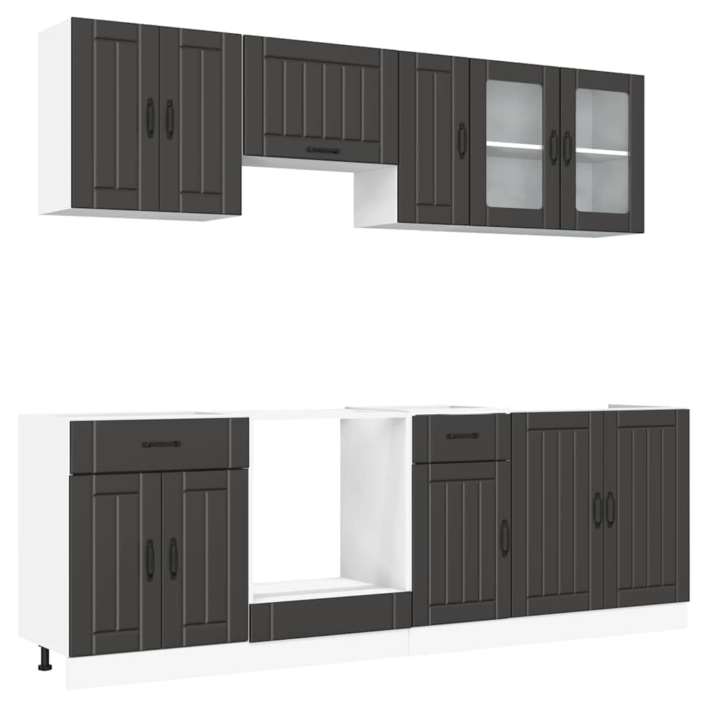 8-TLG Küchenschrank-Set Kalmar Modulare Küchenzeile Schwarz | Modulare Miniküche für Ihre Küche mit verstellbaren Füßen und vielseitigem Stauraum aus robustem Holzwerkstoff.