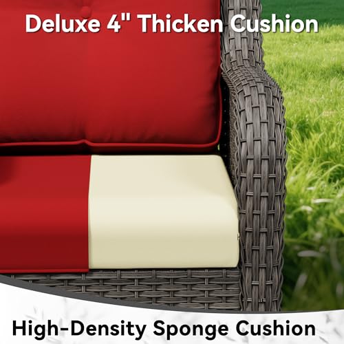 Image of 4-Piece Outdoor Couch Set, Includes Wicker Patio Sofa with Thickened Olefin Cushions, High Back and Deep Seating, Hand-Woven PE Rattan and 2 Ottomans, 1 Coffee Table for Porch, Deck