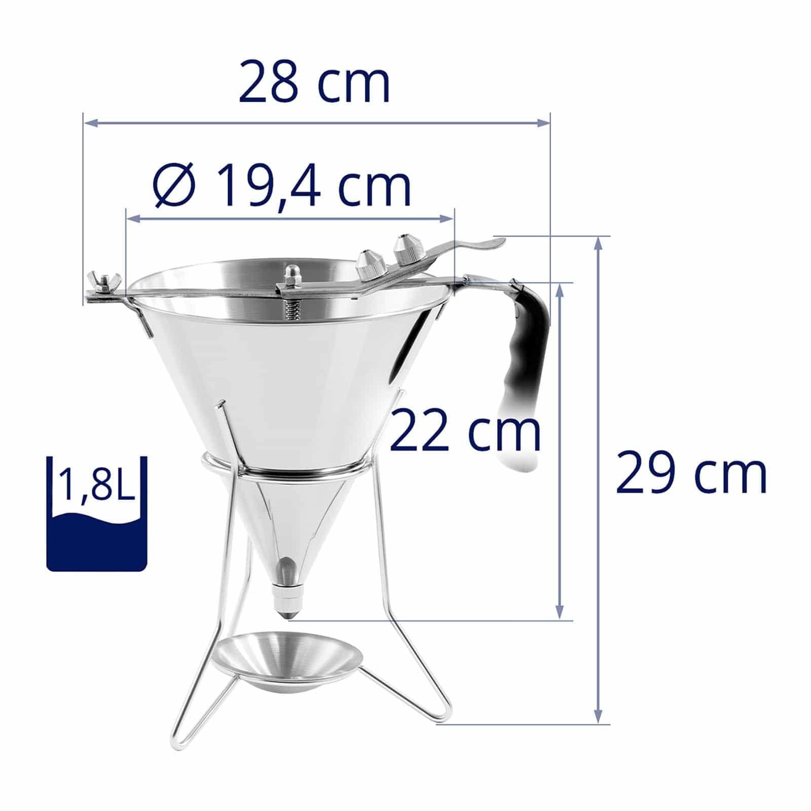 Royal Catering RC-OF04 - Embudo (1,8 L, acero inoxidable, apertura dosificadora, soporte de 4,5,6 mm, con bandeja colectora)
