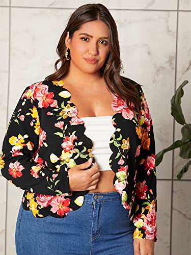 WDIRARA Women's Plus Size Floral Open Front Scallop Trim Long Sleeve Jacket Outerwear2