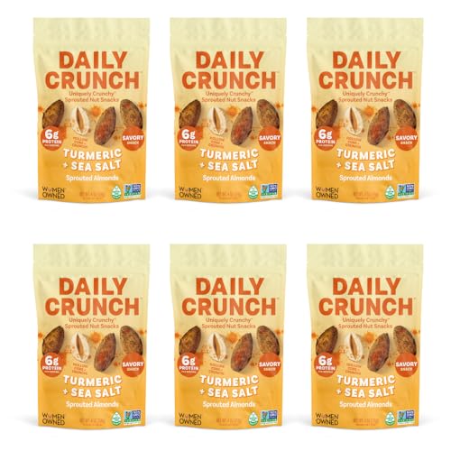 Image of Daily Crunch Sprouted Almonds and Dehydrated nuts for a Unique Crunch, Keto Friendly, Non-GMO Zero Seed Oils, Gluten Free 4oz (6 Pack, Turmeric + Sea Salt)