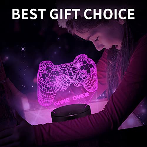 Image of BASSI 3D Gamepad Night Light Game Over Light Game Controller Console Illusion Lamp for Kids Gamer Room Decor, 16 Color Changing with Remote Timer, Christmas Birthday Gifts for Boys Girls