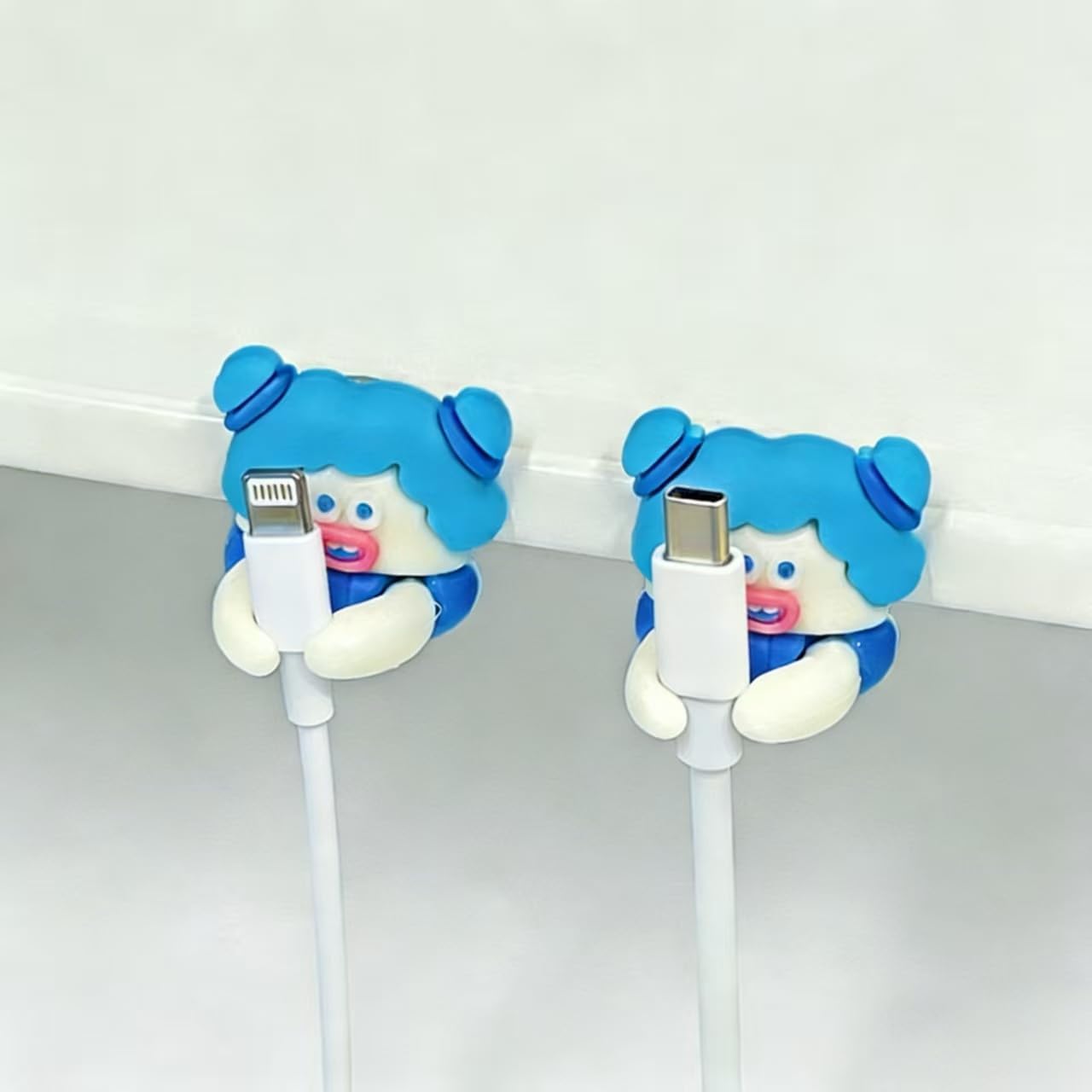 Cute Blue Double Bun Cable Clips (2-Pack), Kawaii Cartoon Cable Organizer, Adhesive Desk Cord Holder for Charging Cables Headphones