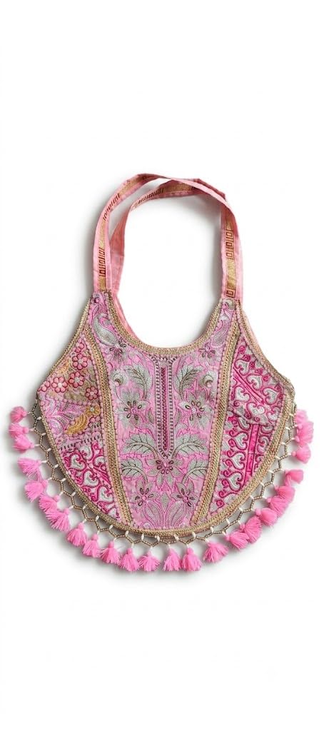 Heritage Styles Ethnic Boho Handmade Rajasthani Embroidered Patchwork Tote Bag For Women | Mirror Work Shoulder Handbag With Tassels Floral Design Traditional Carry Bag-picture-13