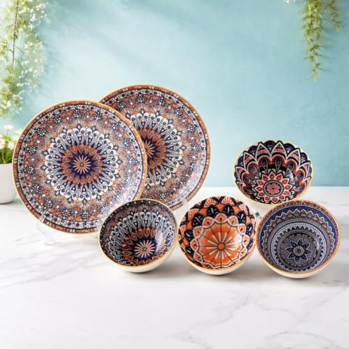 Image of 6-Piece Ceramic Dinner Set, 2 Plates & 4 Bowls, Microwave Safe, Dishwasher Safe, Floral Dinnerware (Orange MANDLA, 2 Plate & 4 Bowl Set)