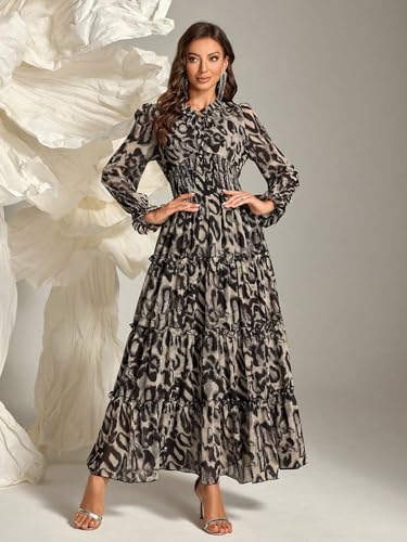 Image of TOLEEN Summer Casual Dresses for Women 2024 Spring Fashion Boho V Neck Long Sleeve Ruffle Floral Print Elegant Maxi Dress