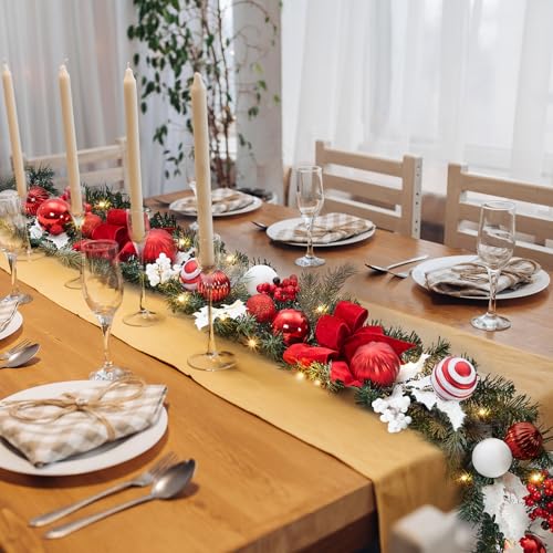 GarveeHome 6 Ft Pre-Lit Christmas Garland, Battery Operated Lighted Xmas Garland with 20 Lights & Timer, Christmas Garlands with Lights for Mantle Table Centerpiece Indoor Outdoor Decor, Red White