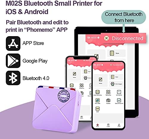Phomemo Mini Photo Printer M02S Wireless Bluetooth 300dpi Portable Sticker Printer, Suitable for Journal Organization Photos, Compatible with iOS & Android, Purple