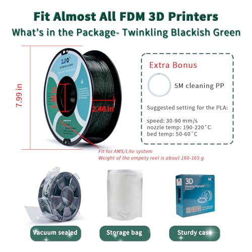 Image of ZIRO Sparkle PLA Filament 1.75mm, Shiny Glitter with Transluent PLA Base, Galaxy Printing Material,1kg /2.2lbs Spool, Fit Most 3D Printers, Twinkling Blackish Green