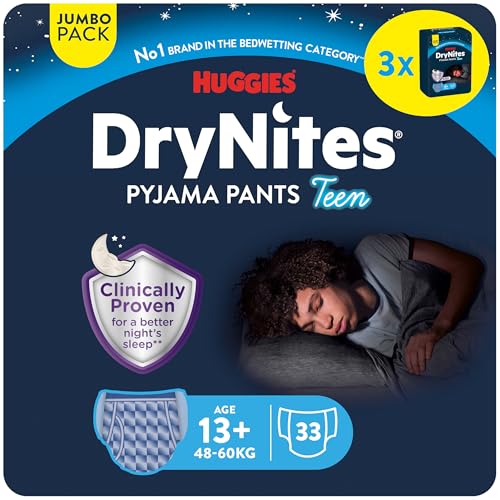 Huggies DryNites Pañales de Noche para Niño 13+ (48-60 kg), Clínicamente Probado con 5 Capas de Máxima Protección Nocturna, 3 Packs de 11, Total 33 Calzoncillos Absorbentes