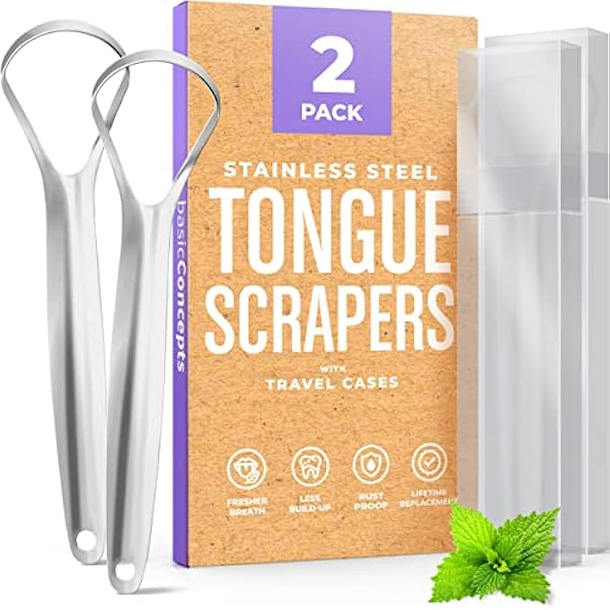 BASIC CONCEPTS Tongue Scraper (2 Pack), Reduce Bad Breath (Travel Cases Included), Stainless Steel Tongue Scrapers for Adults, 100% Metal Tongue Cleaners Fresher Breath