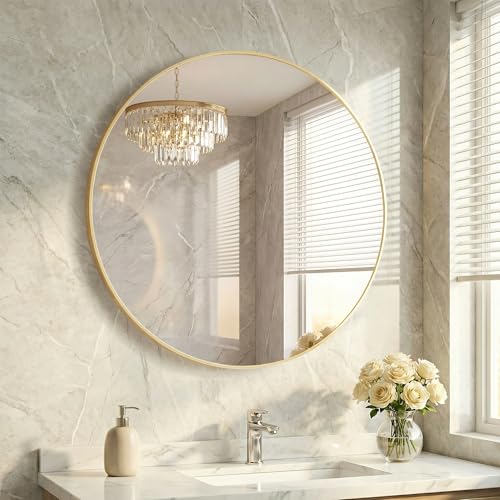 HAPPYMONT 36 Inch Gold Round Bathroom Wall Mirror Round Mirrors for Wall Decor Circle Mirror for with HD Shatter-Proof Glass for Entryway Living Room Bedroom Dressing Room Home Decor