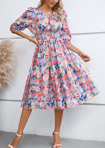 Image of Kormei Women Casual Boho Floral Round Neck 3 /4 Sleeve Smocked Waist Tiered A Line Flowy Swing Midi Dress Long Dresses