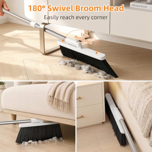 Image of Broom with Dustpan Combo Set, 53 inch Long Handle, Includes 2 Broom Heads | Collapsible Broom and Dustpan Set, 180 Swivel Broom Head, 360 Lockable Dustpan, Built-in Hair Comb