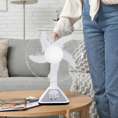 Image of Drumstone 14-Inch Rechargeable Table Fan with Remote Control, Battery Operated Portable Fan with LED Light, 3 Speed Modes, Cordless Emergency Fan for Home, Office, Bedroom