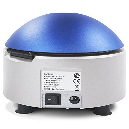 Rear view of the ELMI CM-50MP Centrifuge showing the power switch, power input, and product label with model number CM-50MP and serial number.