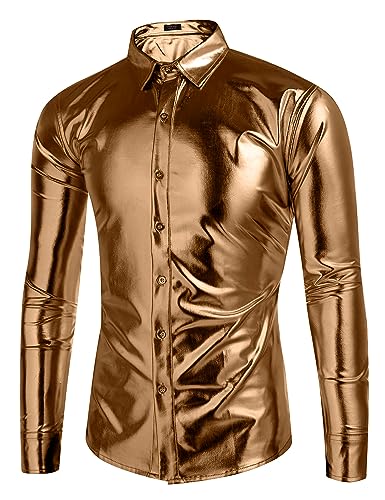 COOFANDY Men Disco Shirts 70s Party Shirt Long Sleeve Button Up Shirt Light Tan