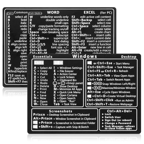 GEEHUA 2 Pcs Laptop Shortcuts Stickers, Word/Excel Quick Reference Guide Keyboard Shortcut Stickers Notebook PVC Keyboard Shortcuts Lable Stickers for Any PC Laptop or Desktop(Black)