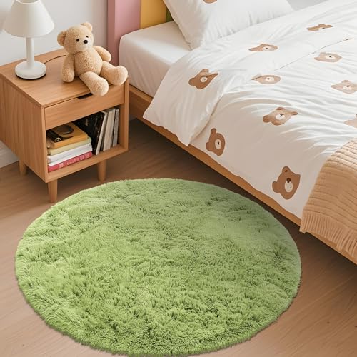 OLANLY Grass Green Round Rugs for Bedroom - Machine Washable, 3 ft Circle Area Rugs for Living Room, Soft and Fluffy Shaggy Carpet for Teen Girls and Boys, Nursery Rooms, Dorms, Home Decor Aesthetic
