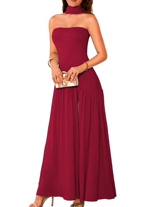 ChiaoLezhee Women's Maxi Tube Dress with Scarf Drop Waist Slit Formal Cocktail Party Wedding Guest Prom Gown, Flowy Elegant A Line Strapless Asymmetrical Summer Going Out,Wine Red Burgundy,Large by ChiaoLezhee - Used condition - US$50.89