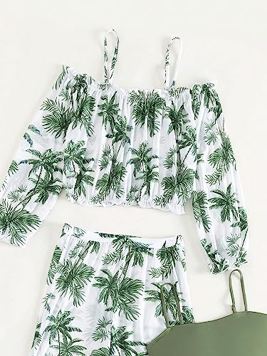 WDIRARA Girl's 4 Piece Swimsuit Tropical Print Bikini Swimsuit with Cold Shoulder Cover Up Set3