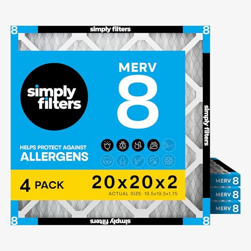 Simply 20x20x2 Air Filter MERV 8 4 Pack Furnace Air Filter for HVAC (Actual Size:19.5x19.5x1.75) DUST Pet & Allergy Control