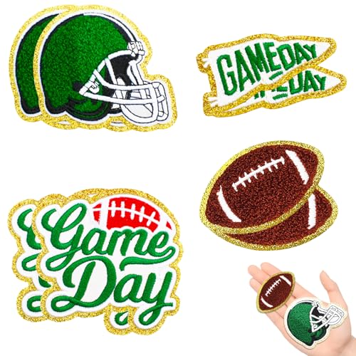 Jongdari 8pcs Football Game Day Helmet Patches Chenille Sports Iron On Patches Bulk for Hats Backpacks Clothes, Gameday Rugby Patch for Heat Press with Gold Edges (Green, 8pcs)