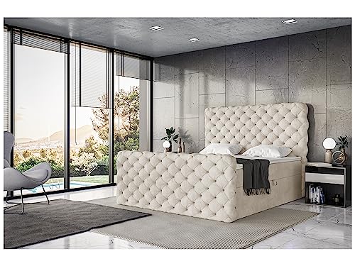 MEBLINI King Boxspringbett mit Bettkasten - Gepolstert Doppelbett mit Matratze und Topper - Polsterbett mit Stauraum - Bett mit Kopfteil - Stauraumbett - Duke - 160x200 - H3/Creme Samt