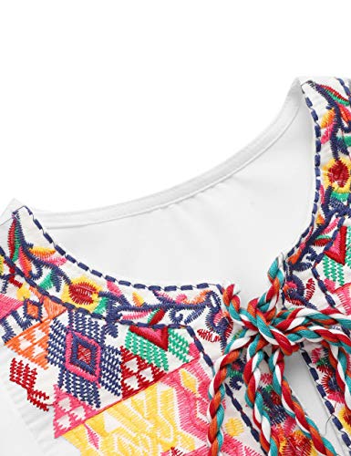 Floerns Women's Ruffle Striped Mexican Embroidered Babydoll Blouse Top White Pure M #TOP2
