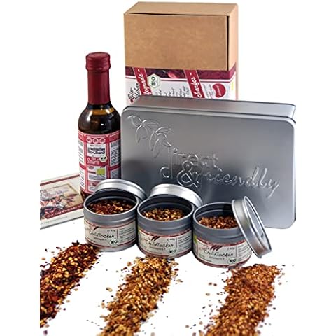 direct&friendly Bio Chili Geschenkset mit 3 verschiedenen Bio Chili und griechischem Bio Olivenöl mit extra scharfer Bio Chili als besonderes Geschenk für Hobbyköche Cover