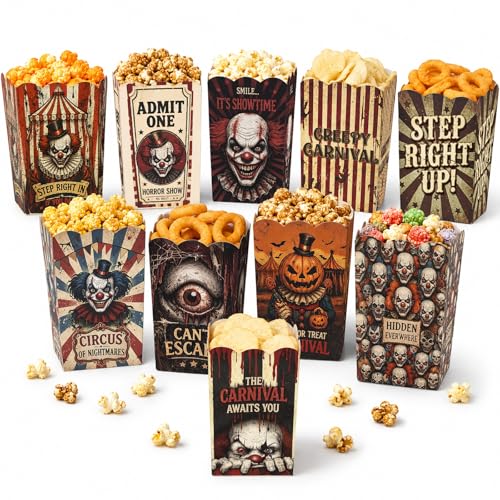 100 Pcs Cardboard Halloween Popcorn Boxes 10 Creepy Clown Designs