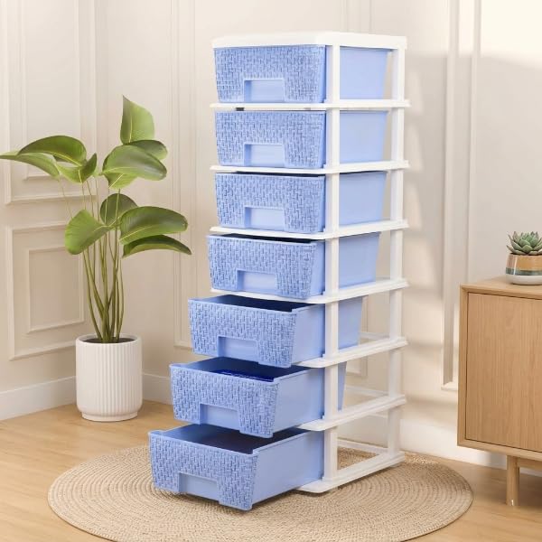 Image of Plastic Modular Drawer Storage Chest Of Drawers Organizer Storage Box, Large Stomo Racks For Multipurpose Anti-slip Shoes Organizers (Blue, 7 Layer)