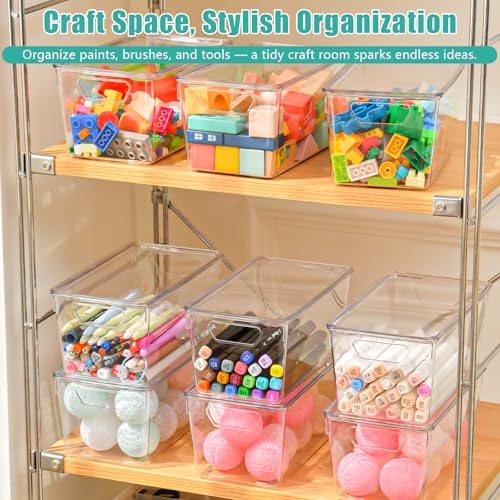 Image of 6 Pack Small Clear Storage Bins with Lids, Acrylic Arts and Craft Storage Containers, Stackable Clear Plastic Craft Storage Bins with Handles for Pantry Organizers and Storage, Kitchen, Fridge, Office
