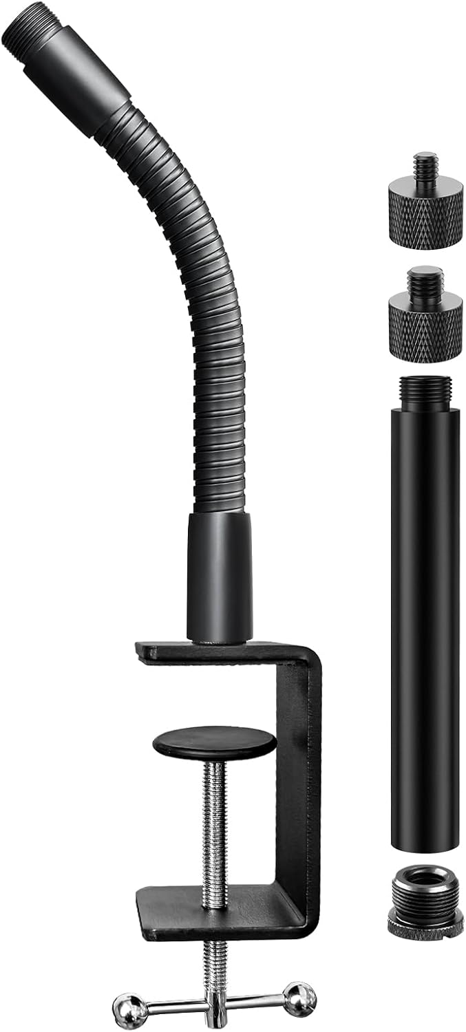 Heavy-Duty Table Microphone C-Clamp Stands and 9-INCH Flexible Gooseneck Arm Extension Tube with 5/8-27 & 3/8-16 and 1/4-20 Adapter for Mic, Webcams, Cameras, Phone Holders