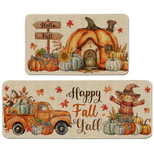 Fall Kitchen Mats, Farmhouse Truck Fall Kitchen Decor for Floor - Pumpkins House Kitchen Rugs Set of 2 - Fall Decorations for Home 17"x27+17"x47"
