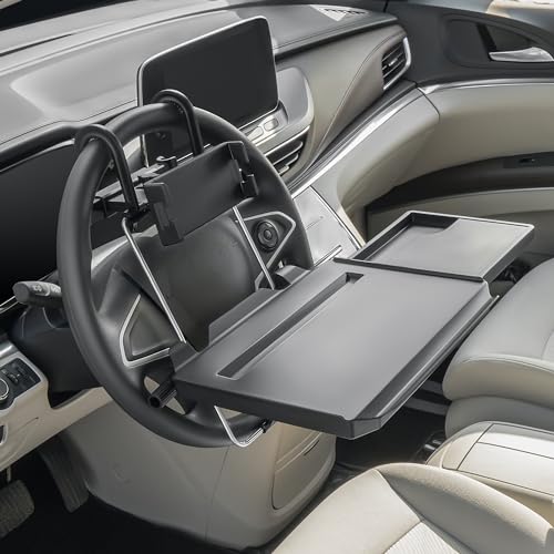 Paffenery Large Car Steering Wheel Tray Back Seat Headrest Tray with Phone Holder, Steering Wheel Desk Food Table for Car Laptop Mount Steering Wheel for Compact to Medimum Sedans & SUVs