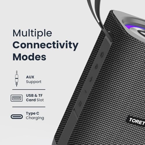 Image of Toreto Zyra 30W Premium Wireless Bluetooth Speaker with up to 12H Playtime, Sync 100+ Speakers with Broadcast Mode, IPX5 Water Resistant, Type-C Fast Charging, RGB Lights, BT v5.4, AUX /USB /TF Support