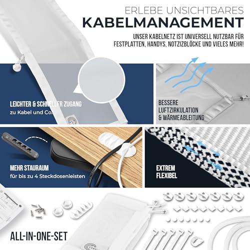 Kabelnetz Schreibtisch für Kabelmanagement, Kabelkanal flexibel - ideal für Kabelorganisation - Kabel verstecken unter dem Tisch, Kabelhalter inkl. Kabelschlauch, weiß