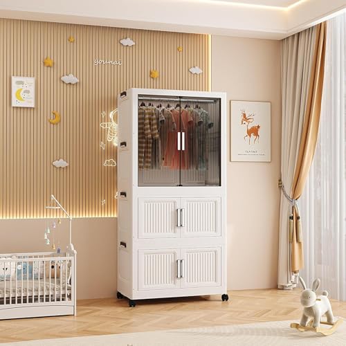 Image of Zemic ๐ ๐๐จ๐จ๐ซ Plastic Wardrobe for Kids| Almirah and Wardrobe for Baby Clothes| Modular Storage Cabinet with Wheel Organizer for Cupboard Rack for Clothes /Shoes /Books /Toy-Whhite