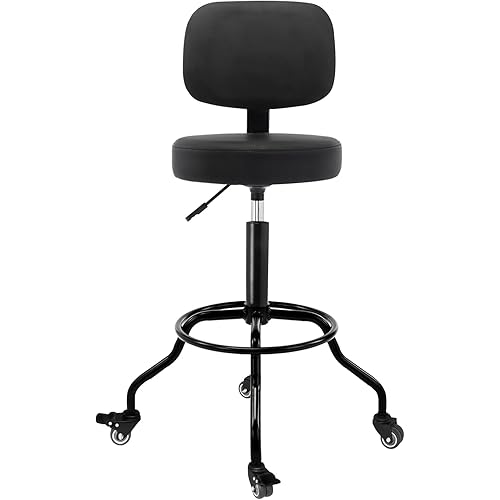 Lockable Cushioned Shop Stool with Ergonomic Backrest Wheels Adjustable Heavy Duty Swivel Stool for Garage Workbench