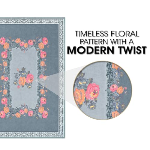 Image of Cloth Fusion Velvet Floral Dining Table Cloth 6 Seater, Dining Table Cover with Elegant Floral Pattern for Dining Room (60x90 Inch, Light Blue)