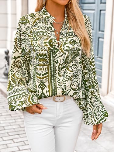 MASCOMODA Womens Boho Floral Print Fall Tops Dressy Casual V Neck Button Down Lantern Long Sleeve Shirts Chiffon Work Blouse4
