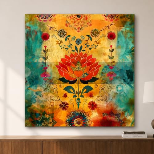 Image of PAINTINGMANTRA Colorful Lotus Artwork Stretched Canvas Painting for Living Room | Bohemian Floral Canvas Wall Decor Art For Livingroom, Bedroom, Office, Hallways - 34x34 Inch