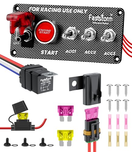 FASTSTORM Ignition Rocker Switch Panel 12V 5 in 1 with Engine Push Button Toggle Switches with Relay Wiring Harness LED for RV Truck Racing Car Boat Marine Trailer