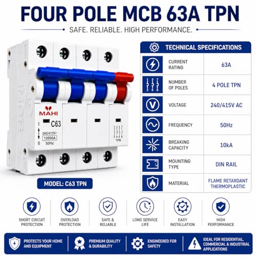 Image of MAHI 63A Four Pole MCB C Curve, Miniature Circuit Breaker with Overload & Short Circuit Protection, 63A Breaking Capacity, Durable Polycarbonate Body for Home & Industrial Use